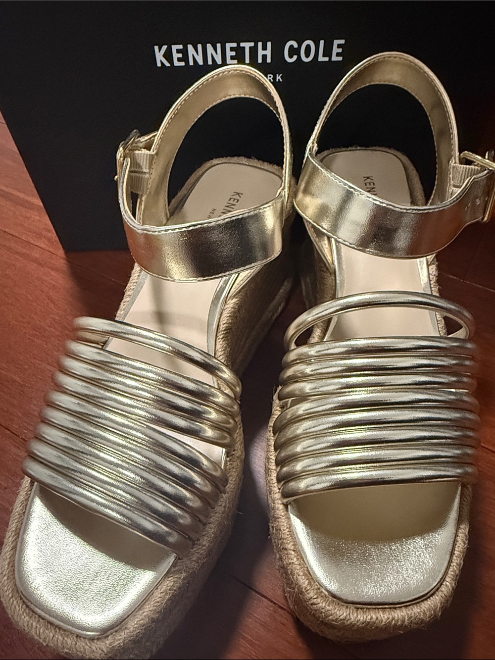 Kenneth Cole Metallic Gold Espadrille Wedge Sandals